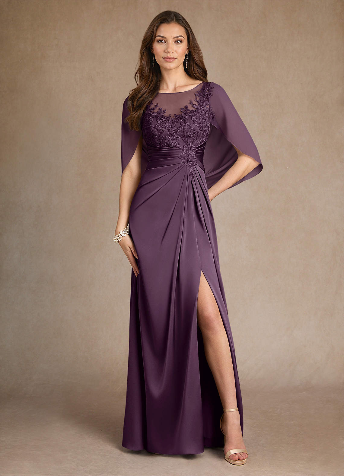 Azazie Hera Mother of the Bride Dresses Plum A-Line Lace Stretch Satin Dress image1