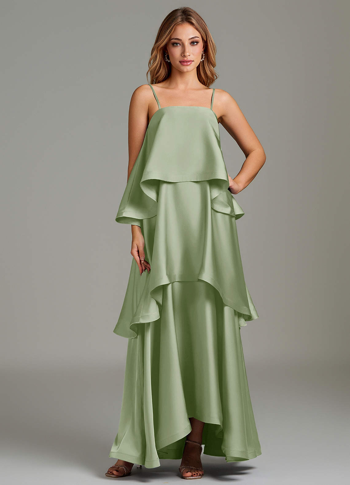 sage green dress sale Azazie Azalea Ready to Ship Dusty Stretch Satin Bridesmaid Dresses Neckline: Straight
