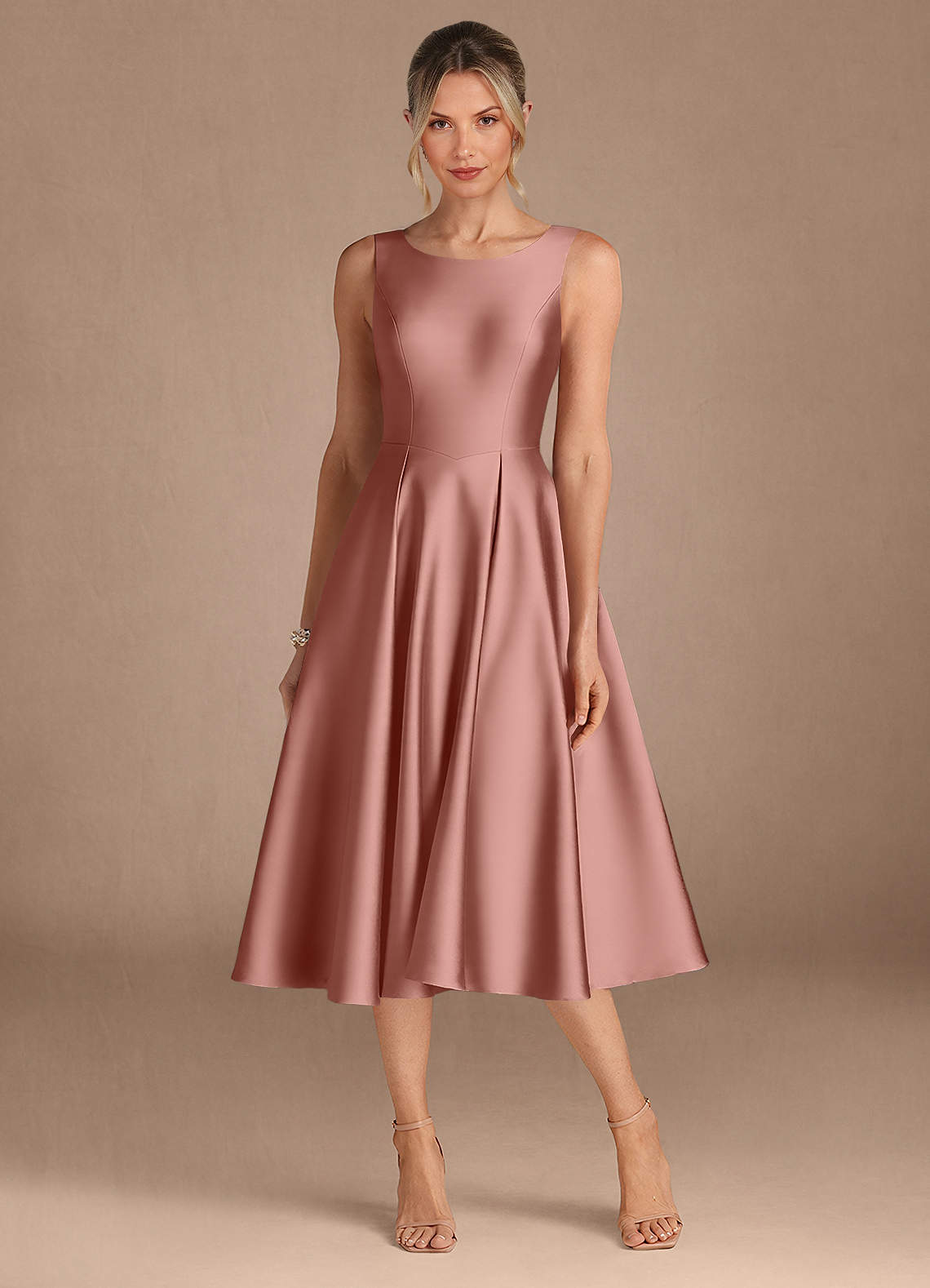 Azazie Fulton Mother of the Bride Dresses Rosette A-Line Pleated Stretch Satin Dress image4