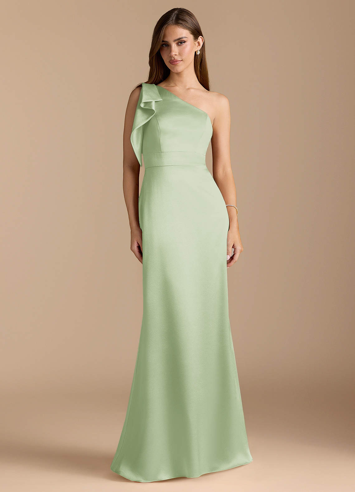 Azazie Rinna Bridesmaid Dresses Dusty Sage Mermaid Ruched Metallic Satin Dress image1