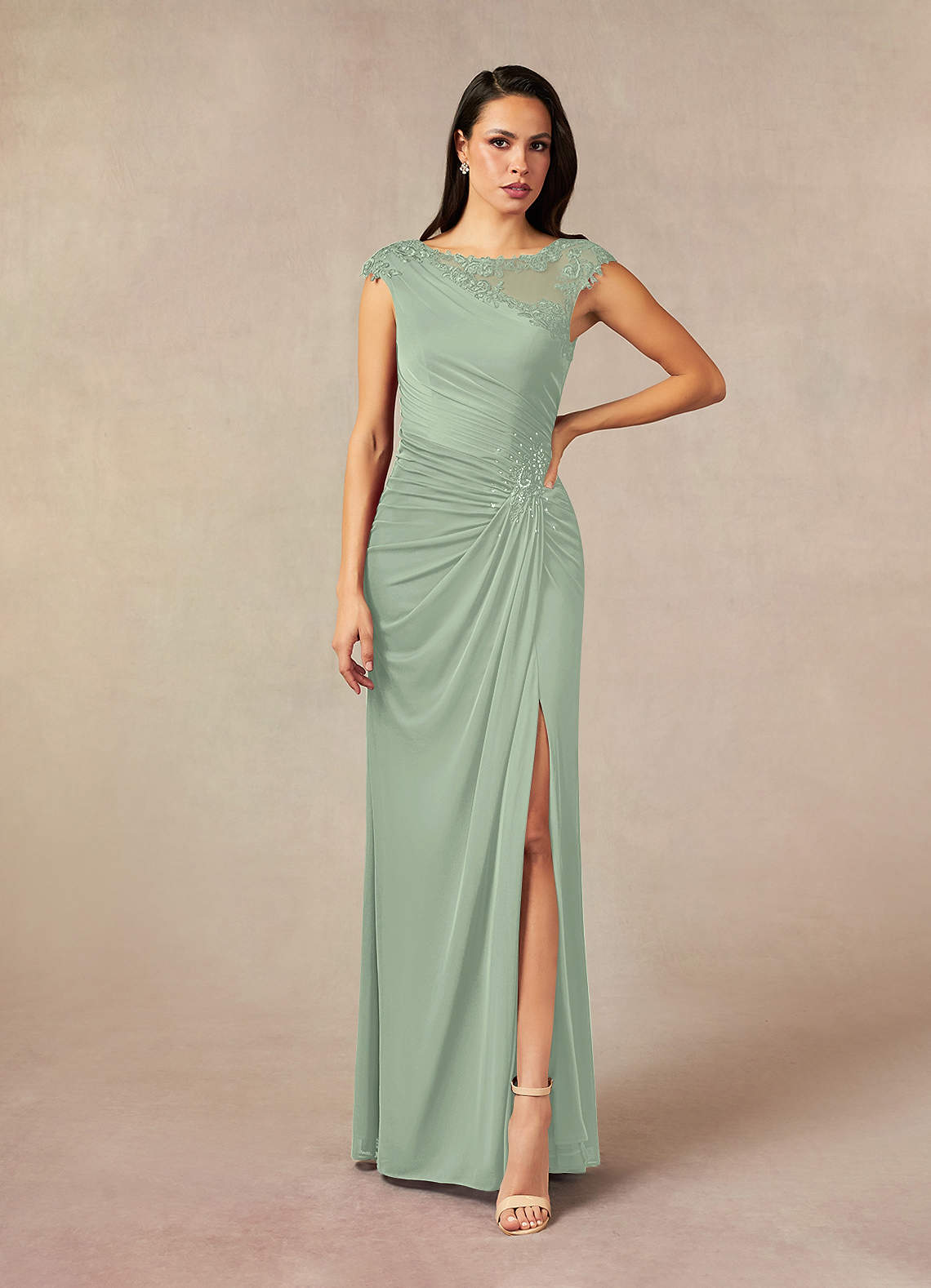 Azazie Oliniana Abiti per la Madre della Sposa Abito Sirena in Maglia Pizzo Verde Salvia image1