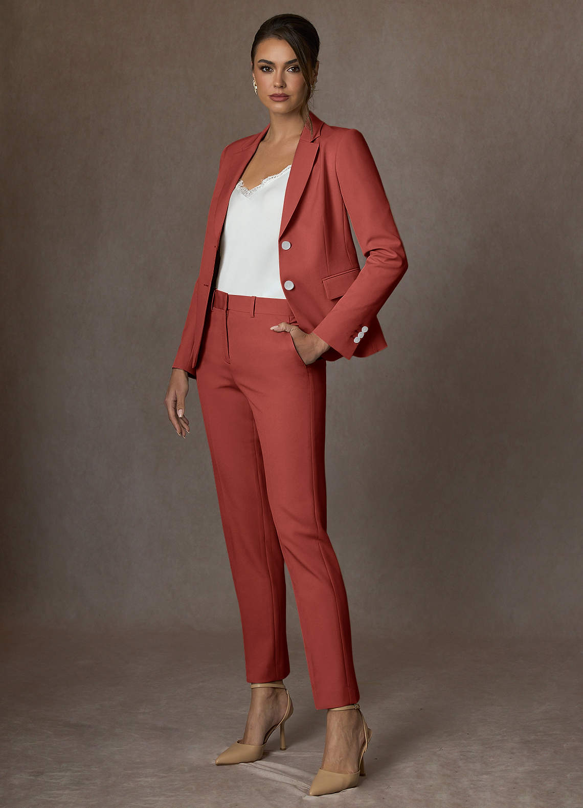 front Whitney Terracotta Structured Stretch Full Length Pants Suit