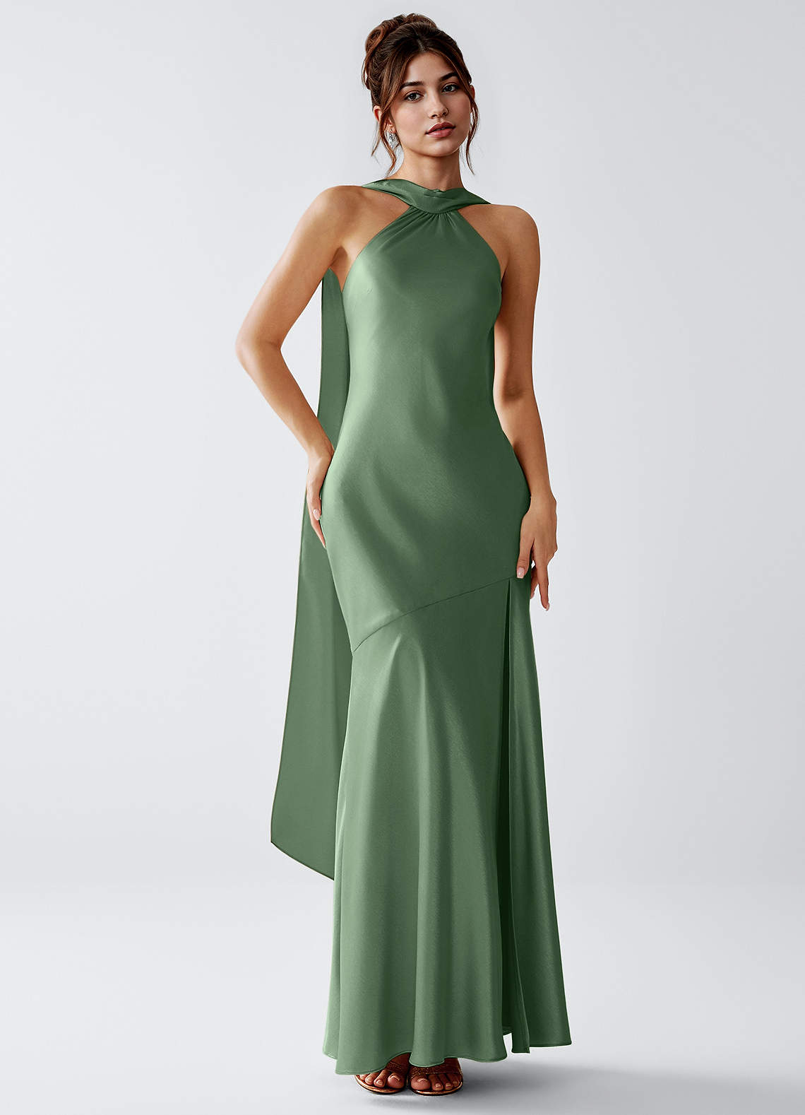 Veronica Matcha Luminous Satin Maxi Dress | Azazie