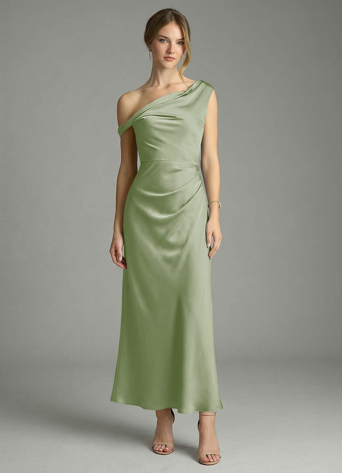 Azazie Emerson Bridesmaid Dresses Dusty Sage Mermaid Off the Shoulder Stretch Satin Dress image4