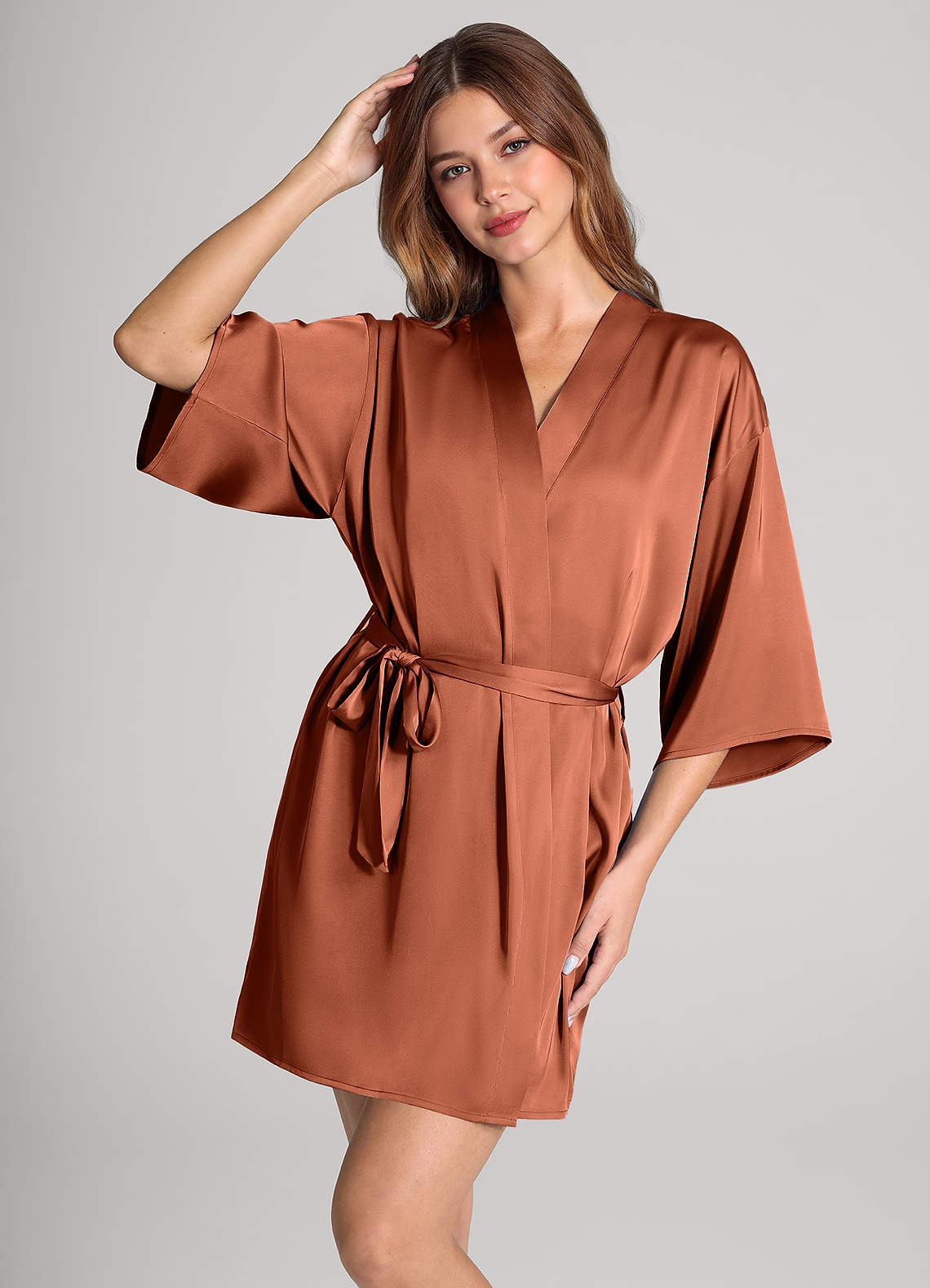 front Matching Color 2-Piece Satin Robe and Slip Set