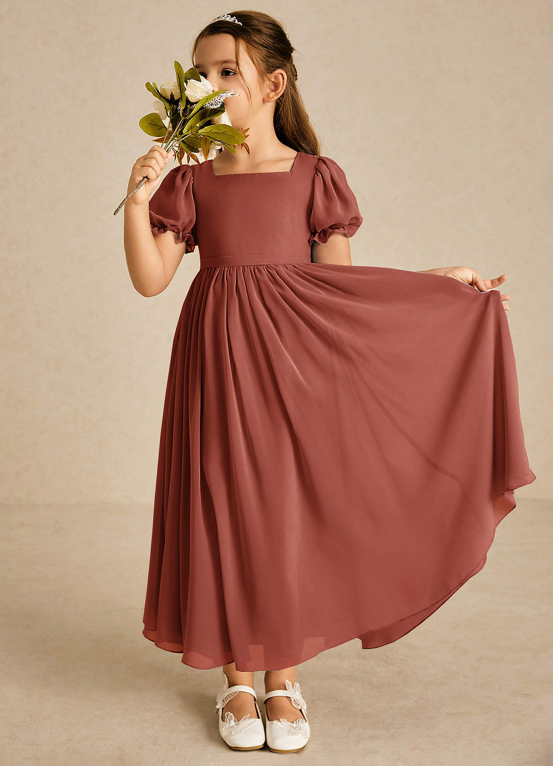 Azazie Joss Flower Girl Dresses Auburn A-Line with Sleeves Chiffon Dress image1