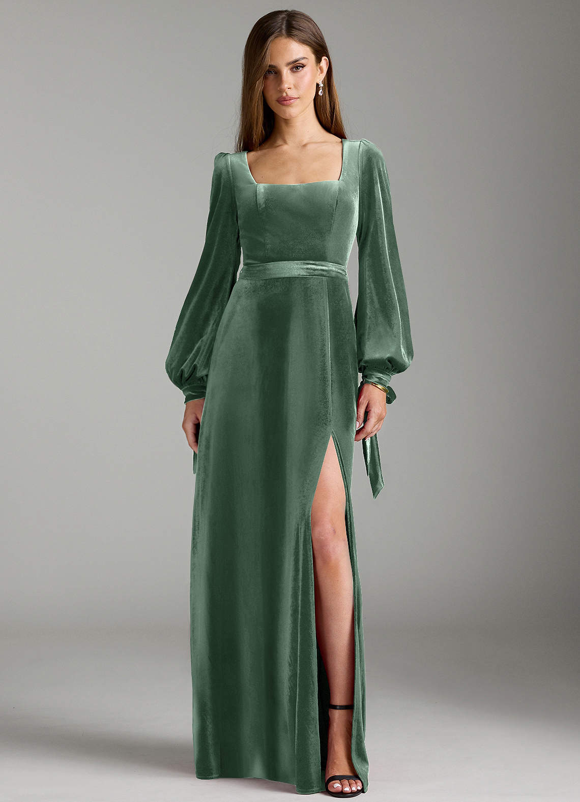 Azazie Leonia Bridesmaid Dresses Eucalyptus A-Line Long Sleeve Velvet Dress image1