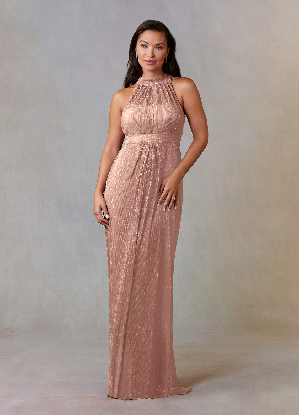 Upstudio Brea Mother of the Bride Dresses Rose Gold A-Line Halter Pleated Metallic Mesh Dress image1