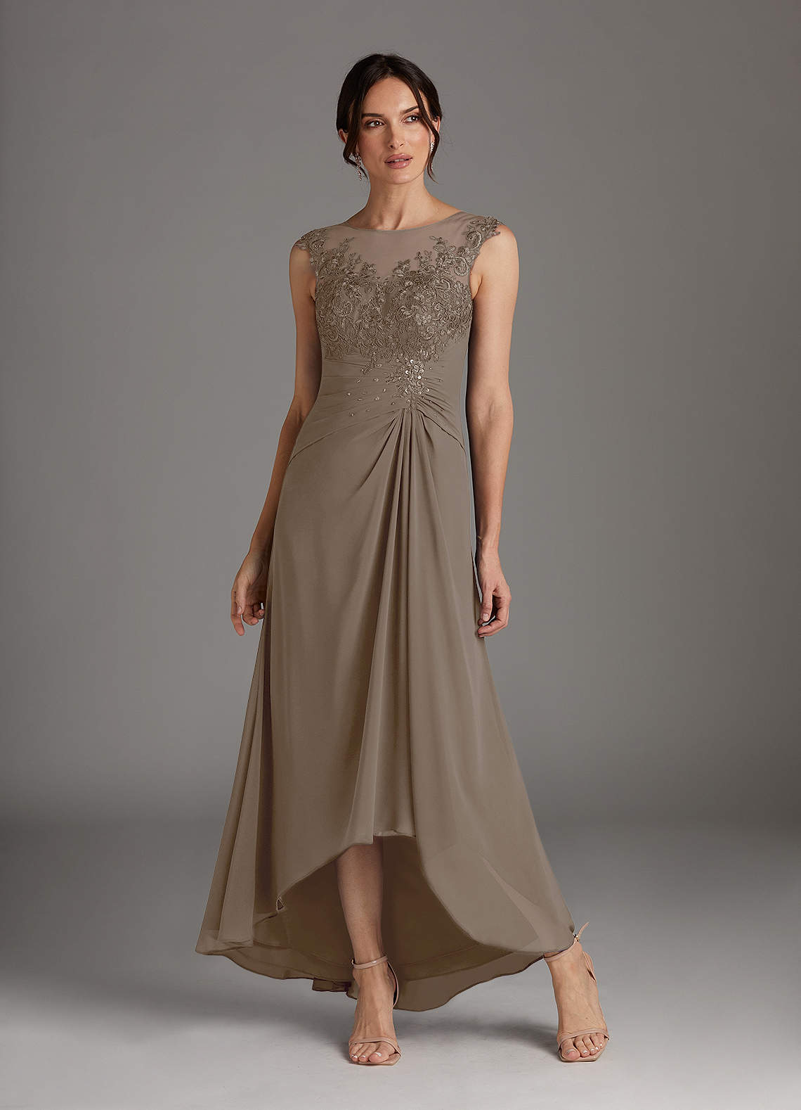 Azazie Endora Taupe A-Line Scoop Lace Chiffon Dress Ready to Ship | Azazie