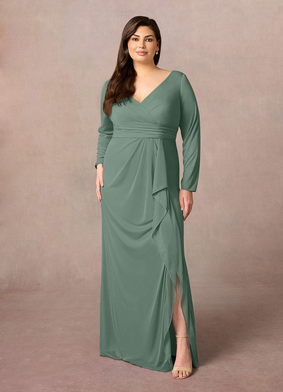 Azazie Risa Final Sale Eucalyptus Mermaid V-Neck Pleated Mesh Dress image1