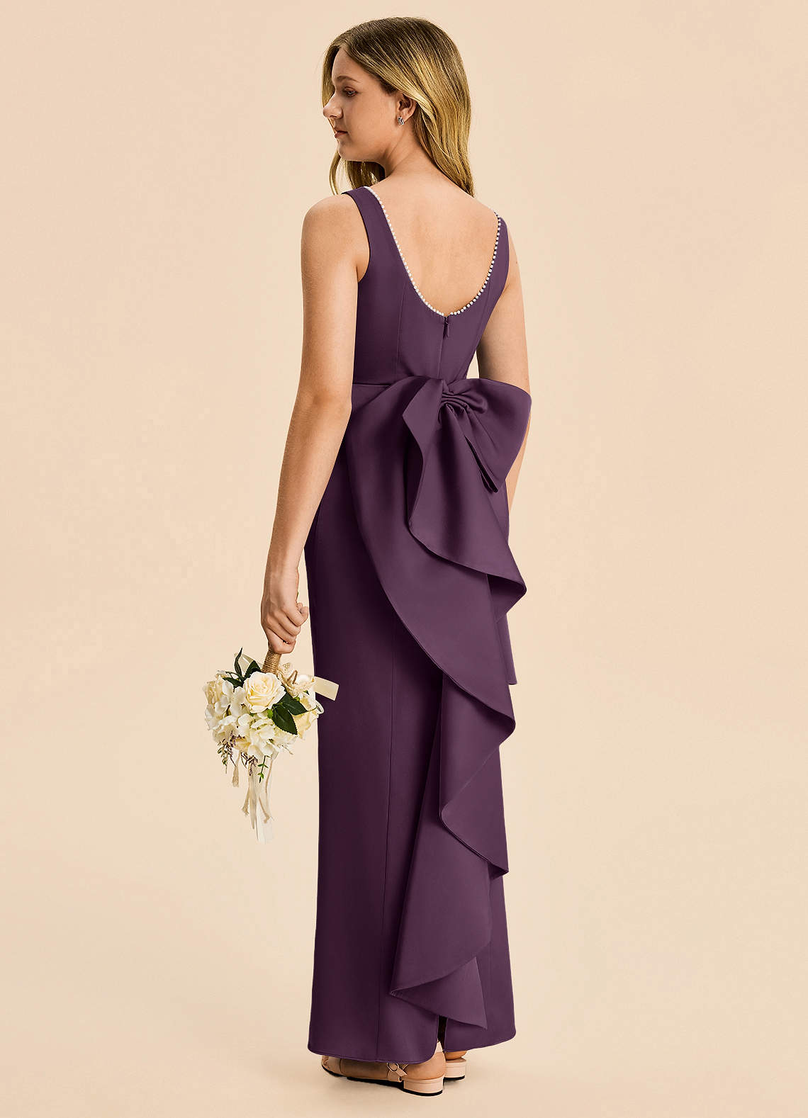 Azazie Emi Junior Plum Sheath Bow Stretch Satin Dress image3