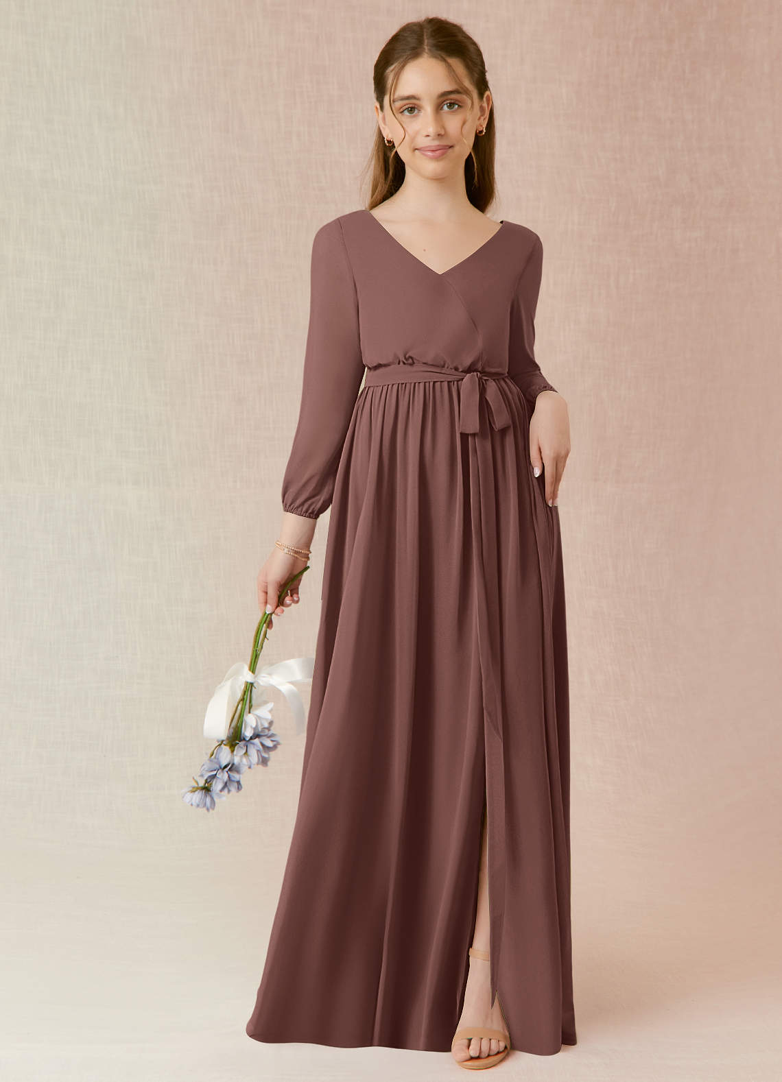 Azazie Angelica Junior Espresso A-Line Pleated Chiffon Dress image1