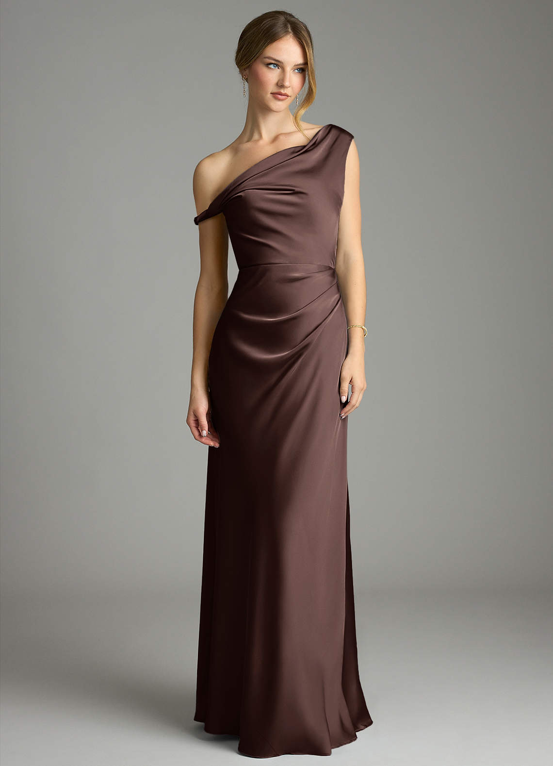 Azazie Emerson Bridesmaid Dresses Ganache Mermaid Off the Shoulder Stretch Satin Dress image3