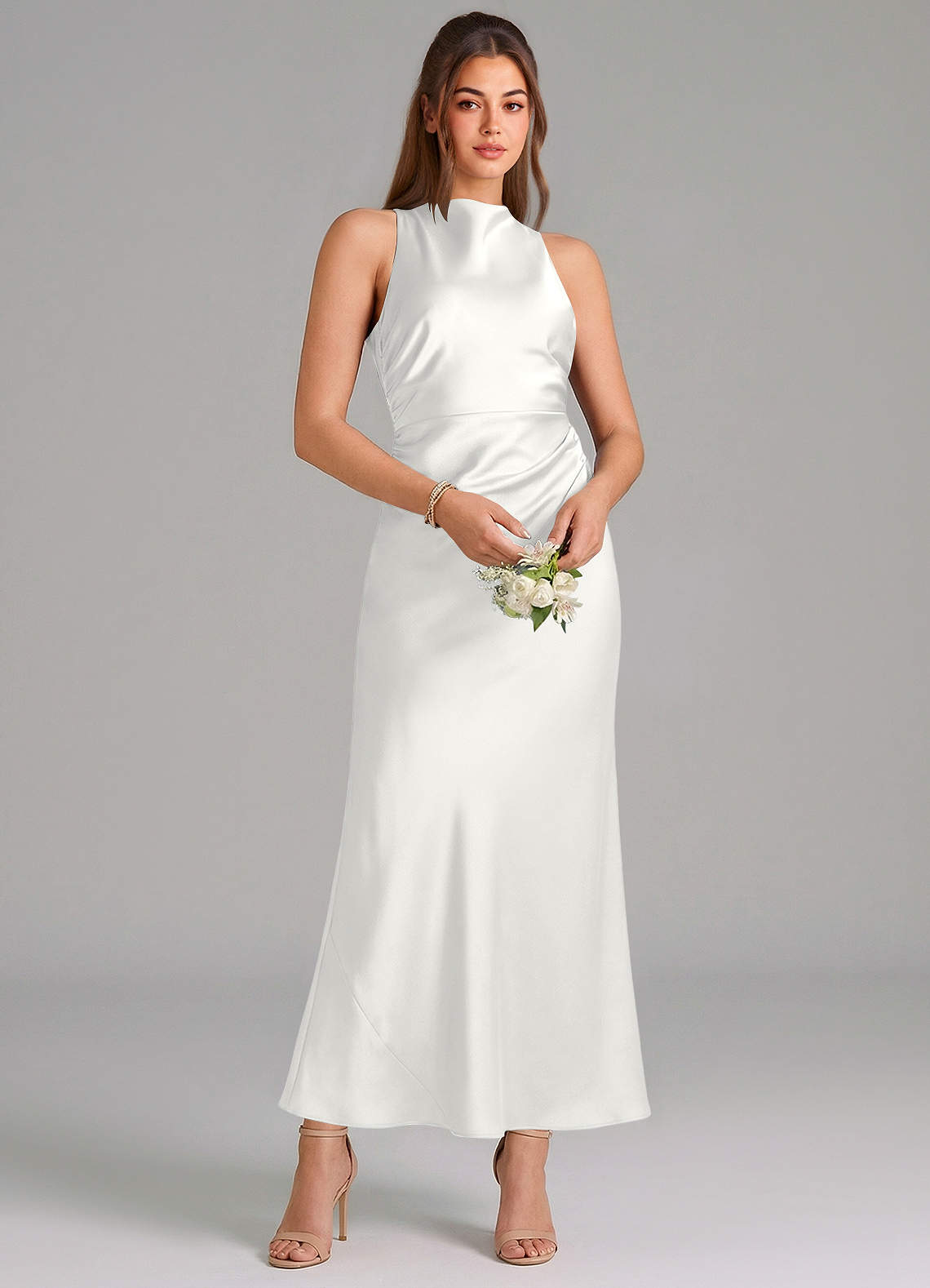 Azazie Evadne Bridesmaid Dresses White Sheath Pleated Stretch Satin Dress image2