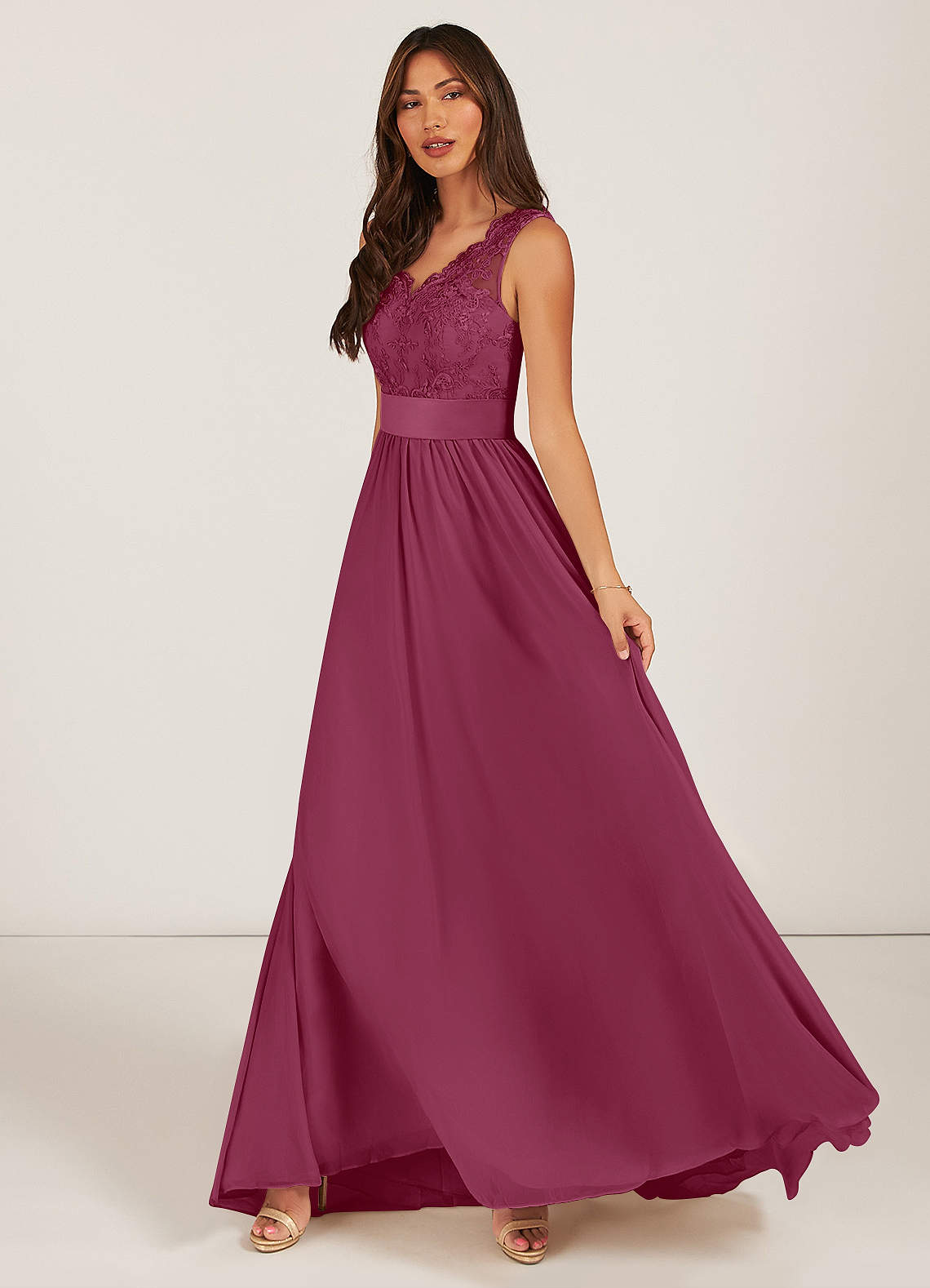 Azazie Gertrude At-home Try On Dresses Mulberry A-Line Lace Chiffon Dress image2