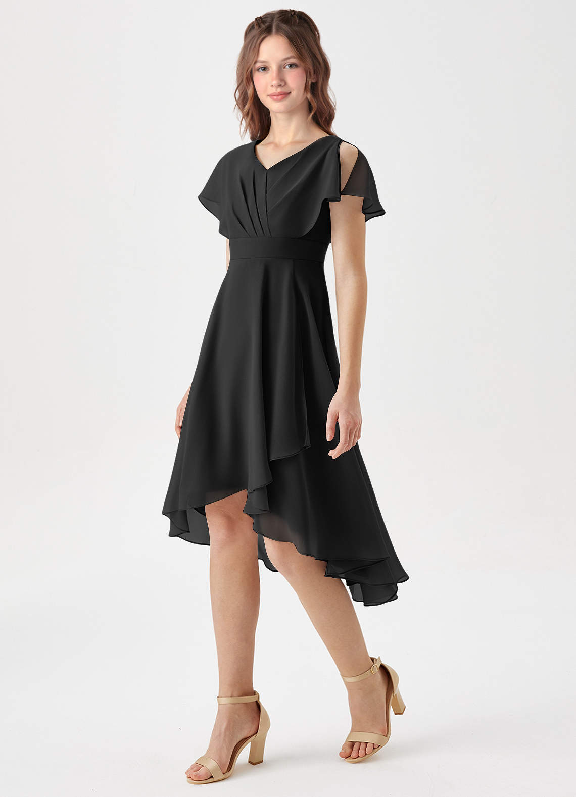 Azazie Graciela Junior Black A-Line Pleated Chiffon Dress image1