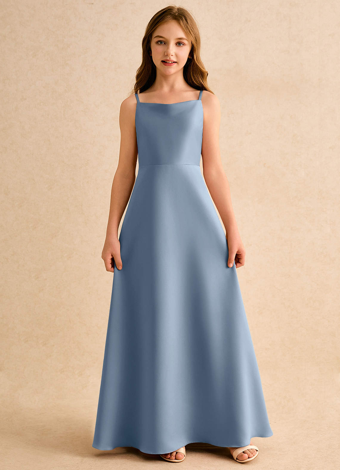 Azazie Joella Girls Formal Flower Girl Dresses Dusty Blue A-Line Pleated Matte Satin Dress image4