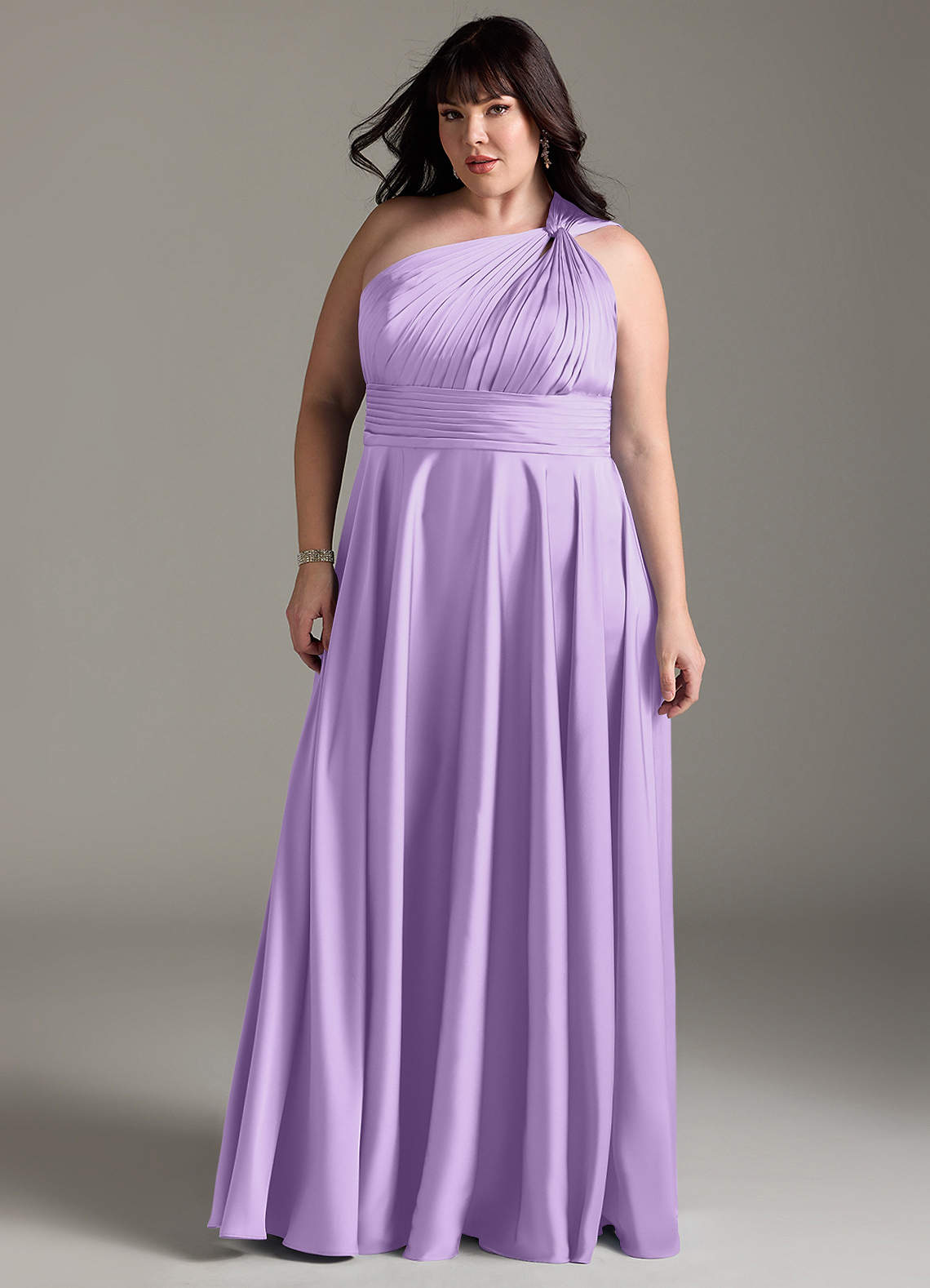 Azazie Charlize Bridesmaid Dresses Lilac A-Line One Shoulder Stretch Satin Dress image12
