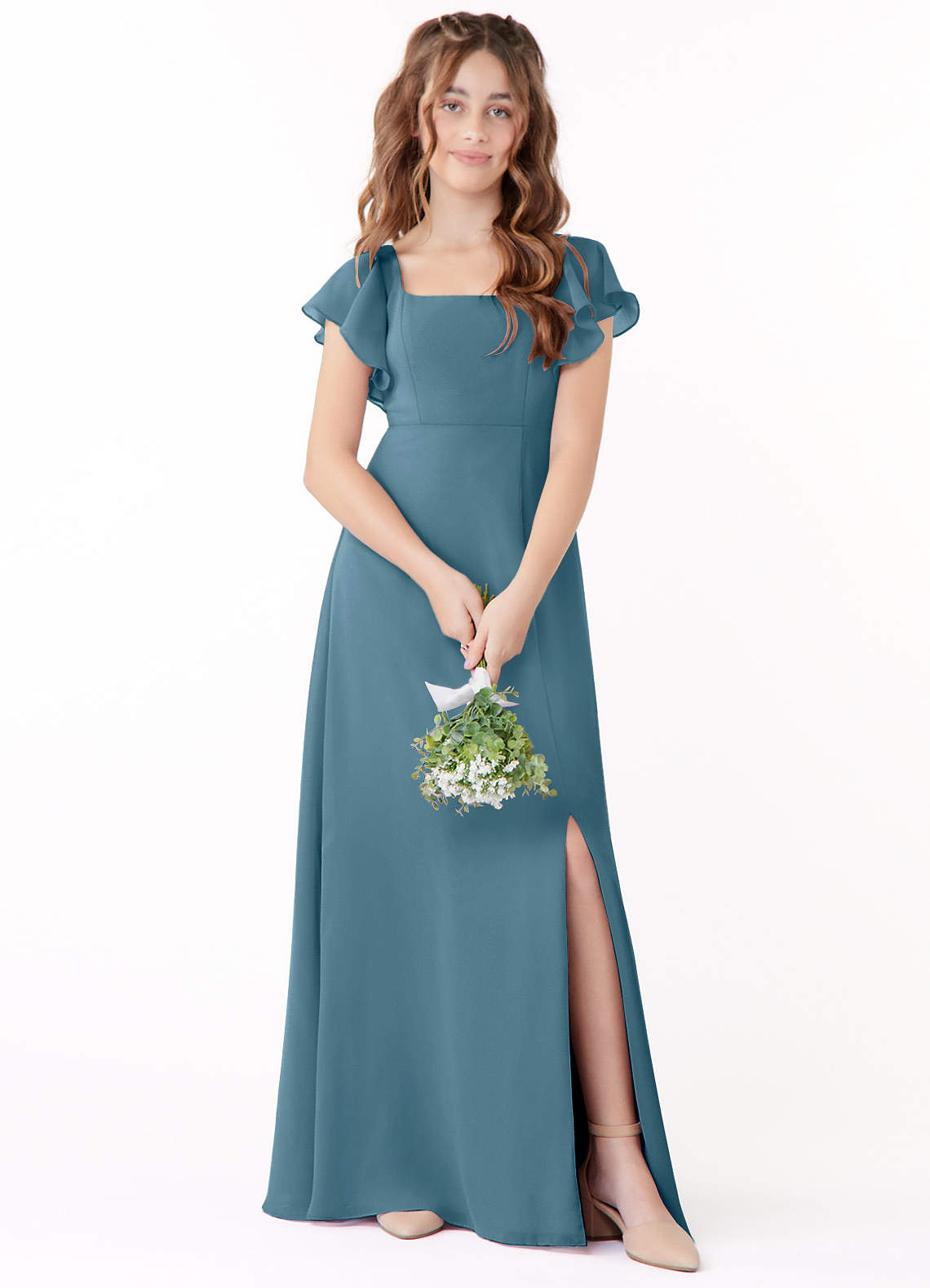 Azazie Bondi Junior Bermuda A-Line Bow Chiffon Dress image1