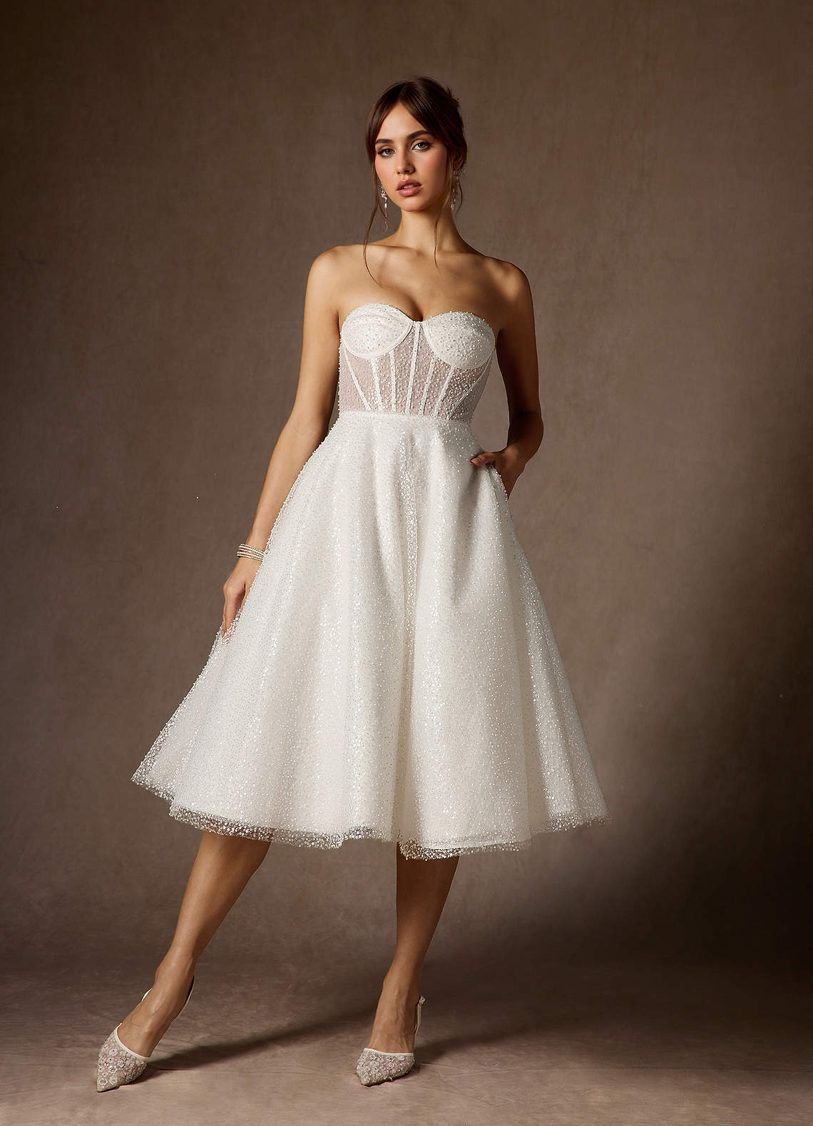Azazie Nicolette Wedding Dresses Diamond White A-Line Strapless Beading Dress image4
