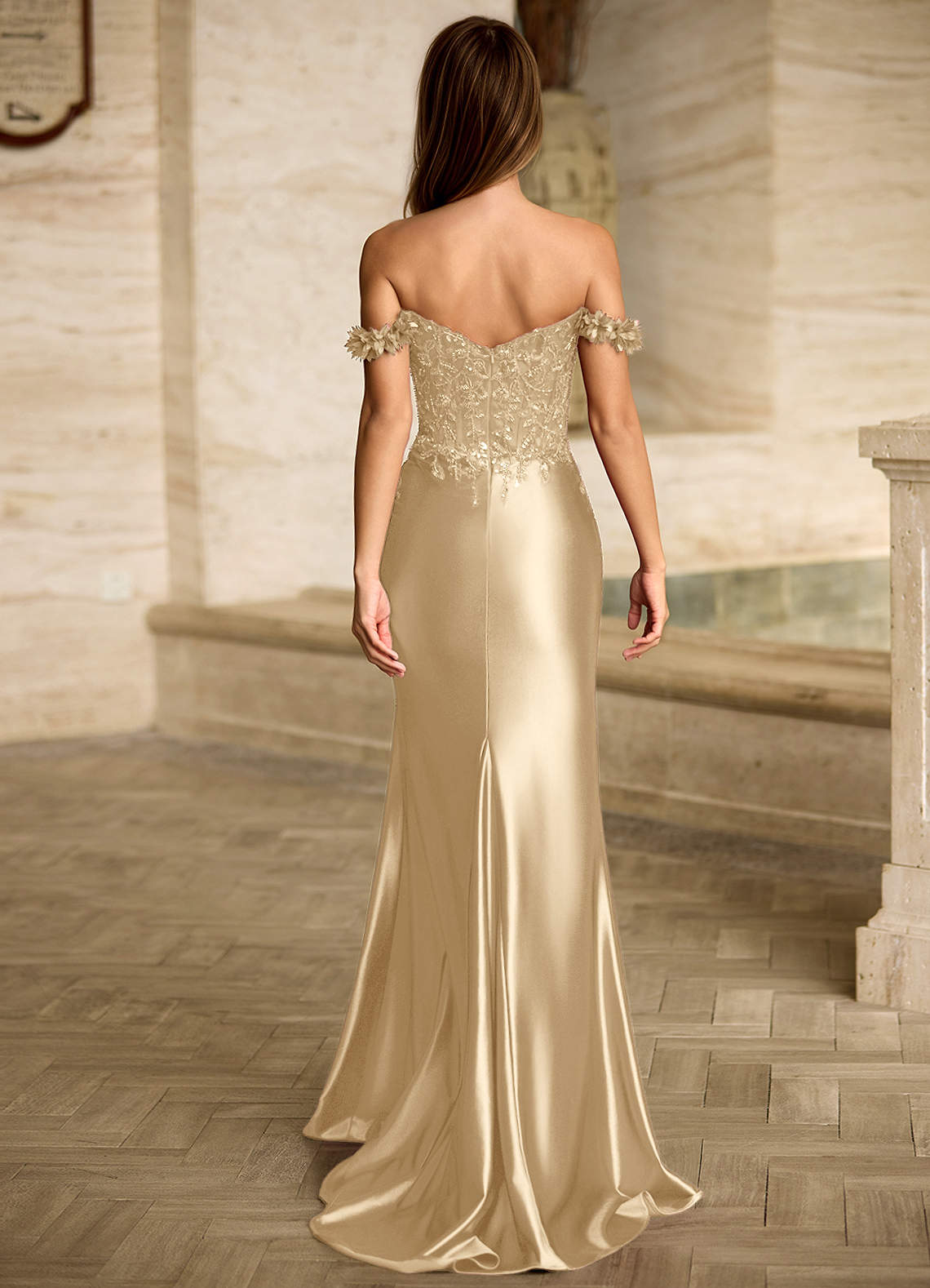 Corraon Champagne Mermaid Off-Shoulder Floral Corset Prom Dress | Azazie