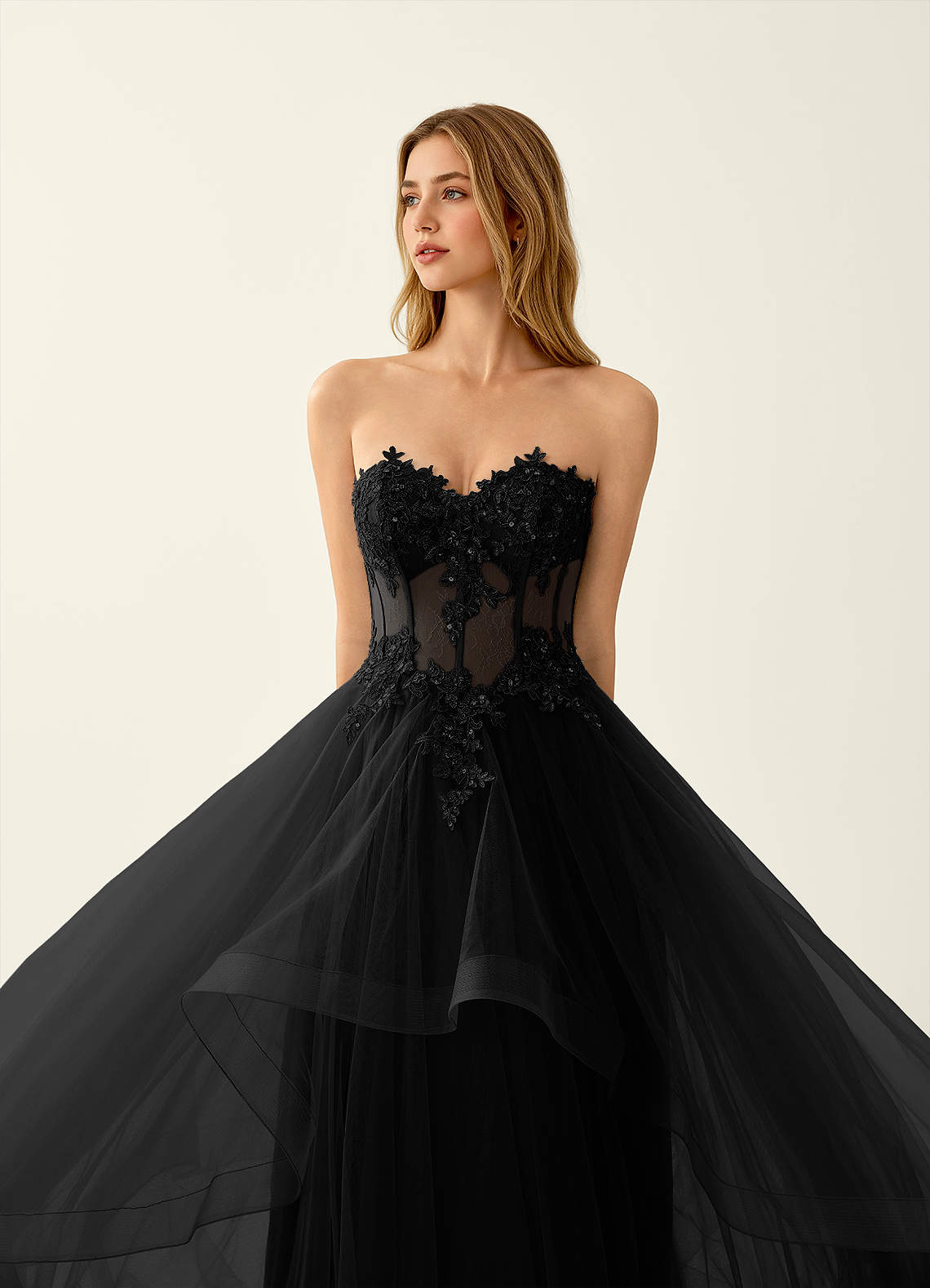 Anais Black Corset Lace Up Back Lace Ruffled Prom Dress | Azazie Anais Black Corset Lace Up Back Lace Ruffled Prom Dress | Azazie