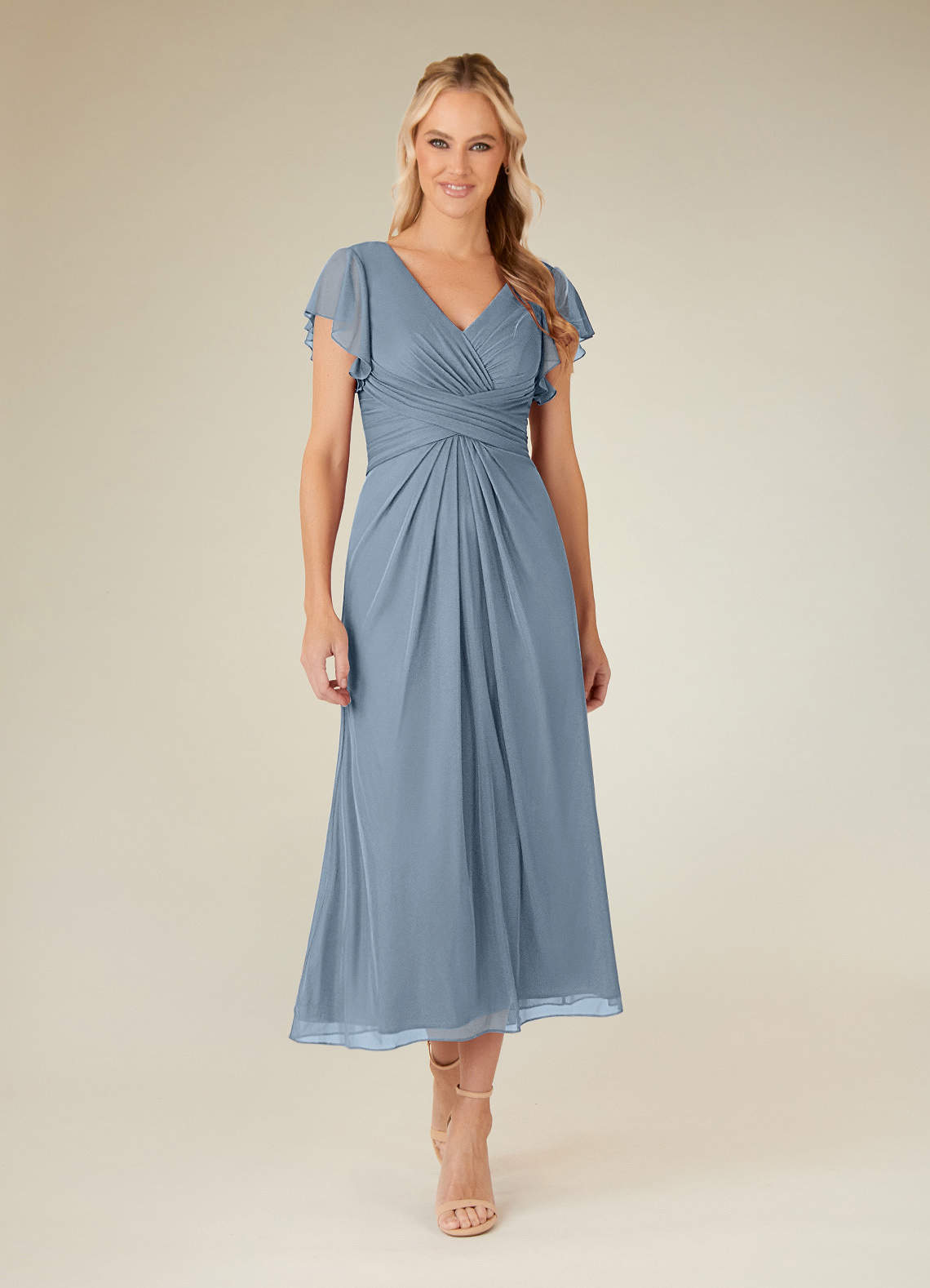 Azazie Vera Mother of the Bride Dresses Dusty Blue A-Line V-Neck Pleated Mesh Dress image1