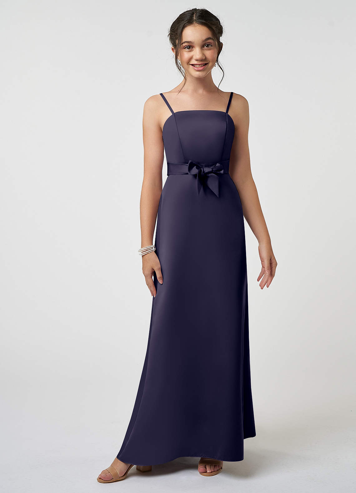 Azazie Anina Junior Robe Trapèze en Satin extensible Arc Bleu Orageux image1