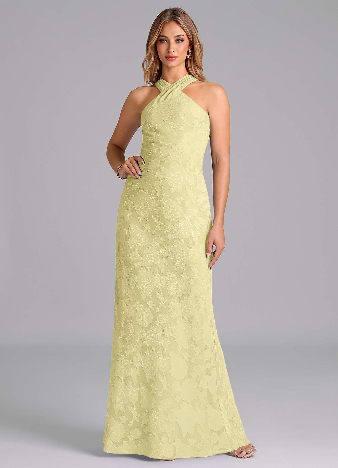 Azazie Doretta Bridesmaid Dresses Lemon Sorbet Mermaid Pleated Floral Burnout Dress image1