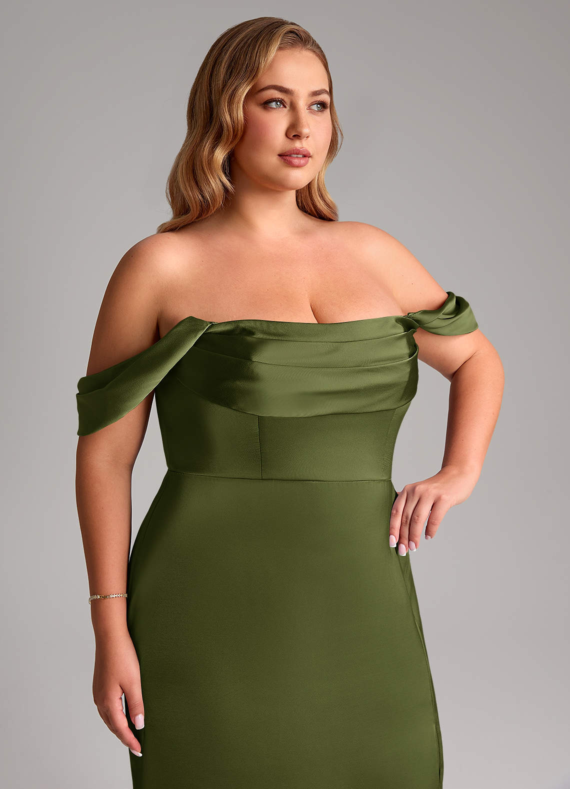 Azazie Saige Bridesmaid Dresses Olive Sheath Off the Shoulder Stretch Satin Dress image13