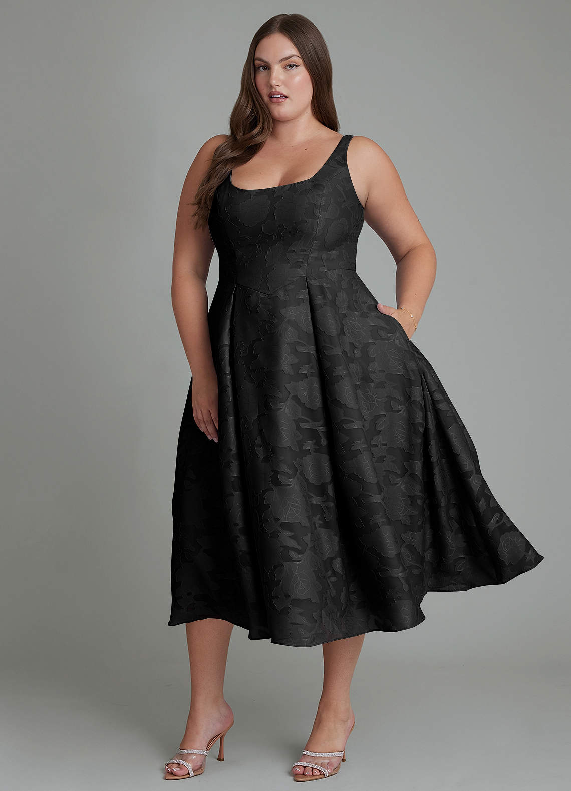 Azazie Amalie Bridesmaid Dresses Black A-Line Pleated Floral Burnout Dress image1