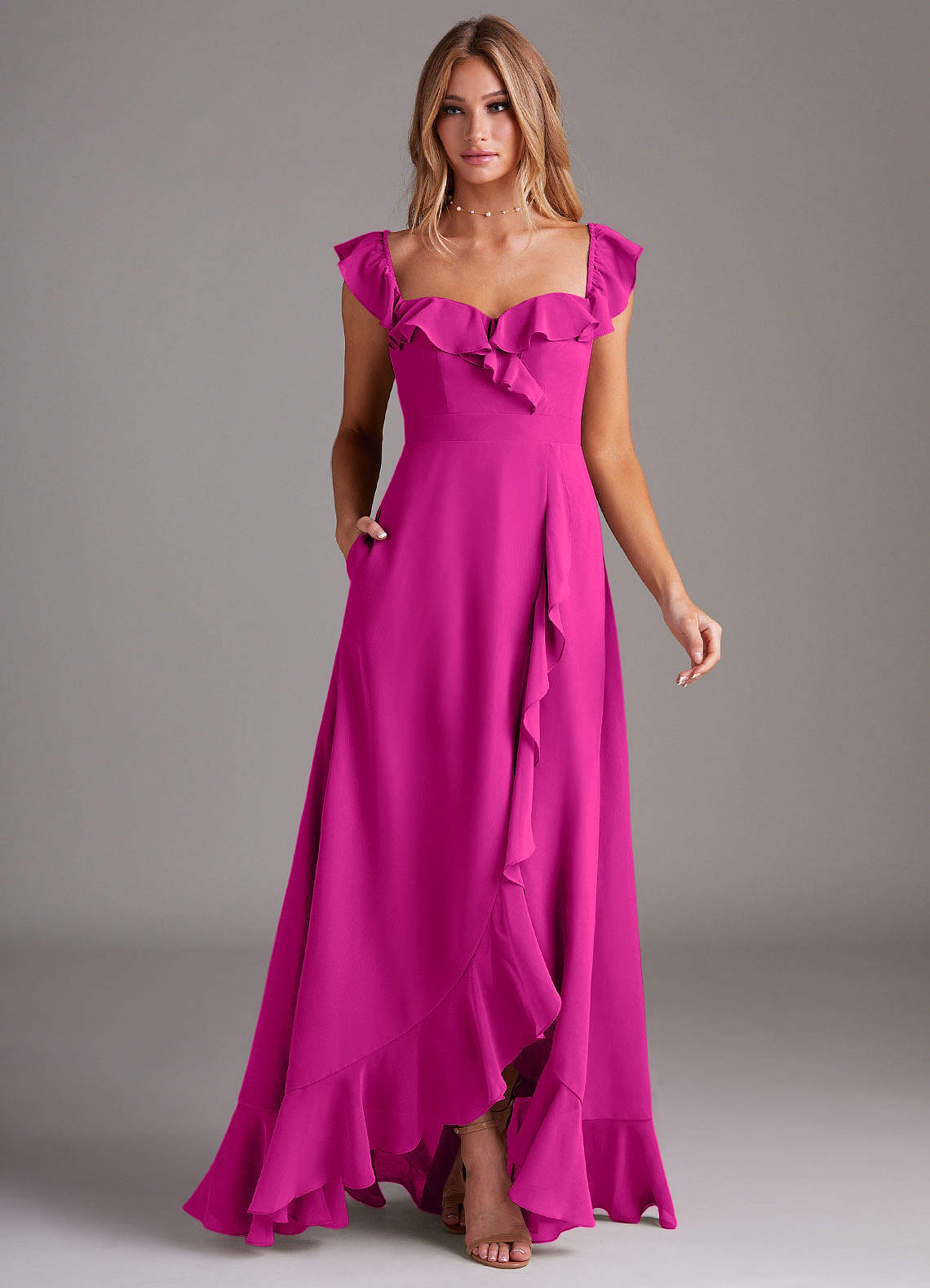 Azazie A-Line Off The Shoulder Floor-Length Chiffon Bridesmaid Dresses - Fuchsia