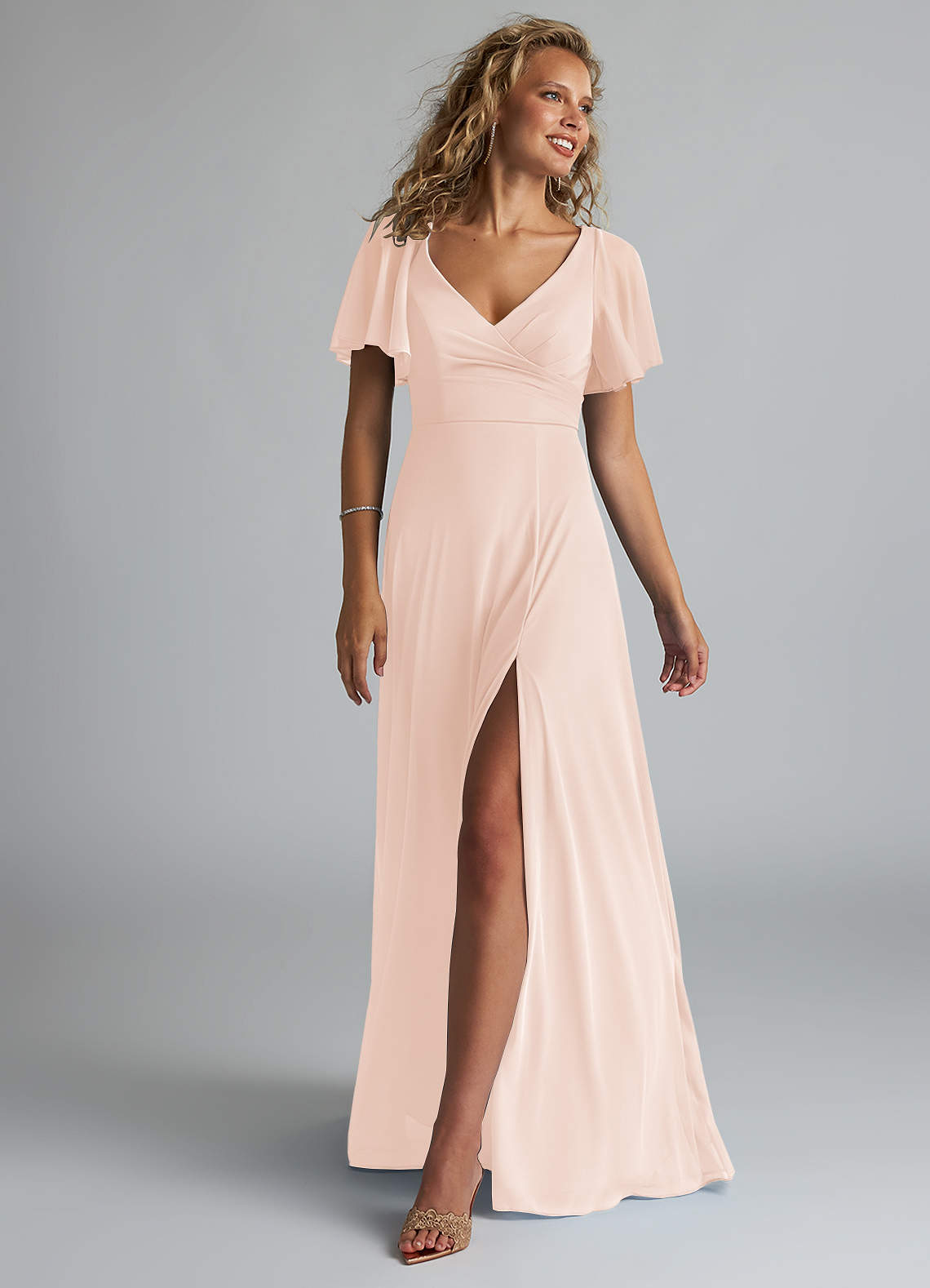 Azazie Induh Bridesmaid Dresses Blushing Pink A-Line Flutter V-neck Mesh Dress image1