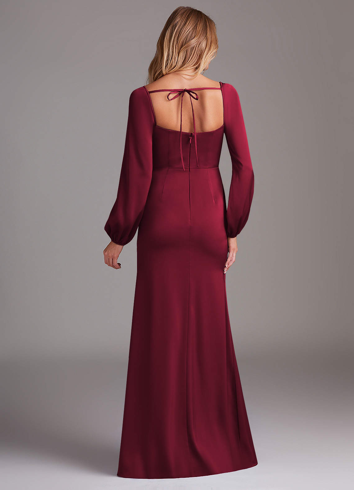 Azazie Charissa Bridesmaid Dresses Burgundy Sheath Long Sleeve Stretch Satin Dress image7