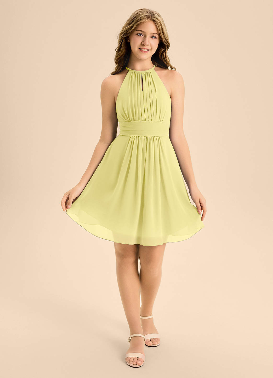 Azazie Bonnie Junior Lemon Sorbet A-Line Pleated Chiffon Dress image1