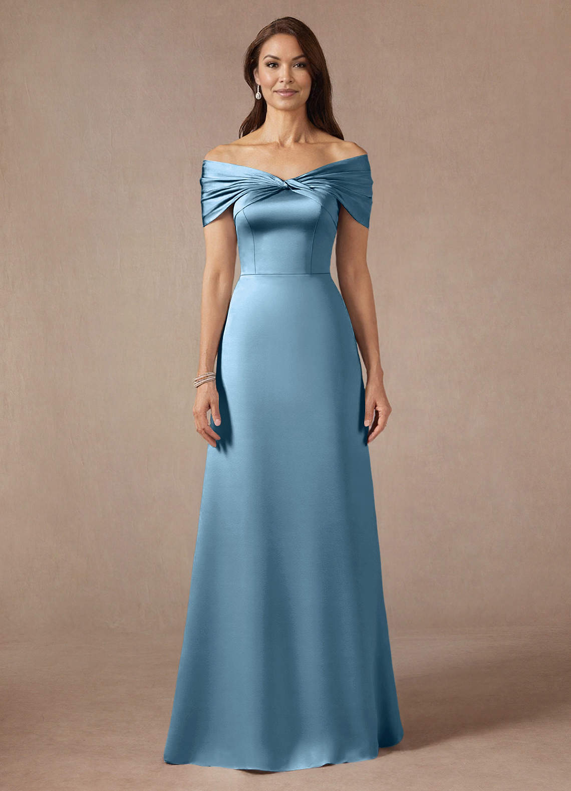 Azazie Amelia Mother of the Bride Dresses Steel Blue A-Line Off the Shoulder Stretch Satin Dress image2