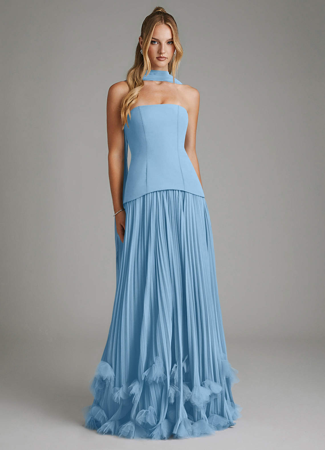 bridesmaid dresses ie Azazie Alex Steel Blue Chiffon Spaghetti straps Style:ST4017H08 Rachel Starr Posing In Select size:2X