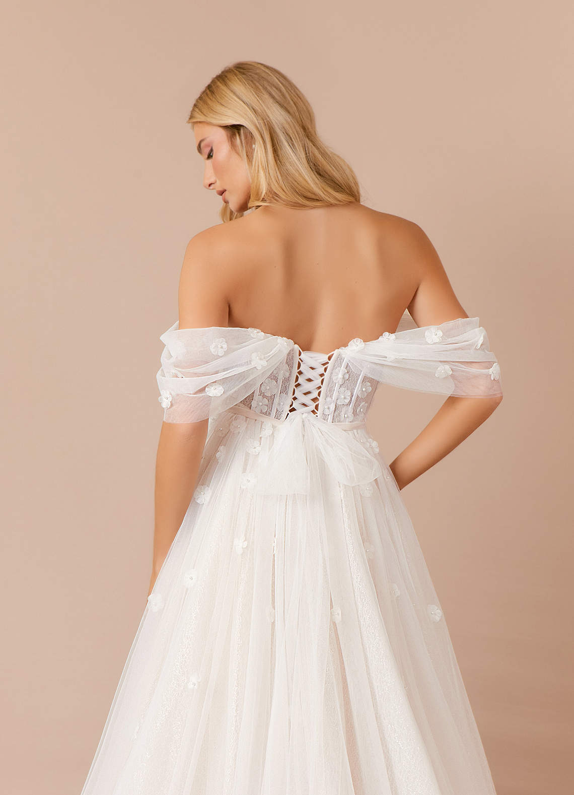 Azazie Airellie At-home Try On Dresses Diamond White Champagne A-Line Off the Shoulder Tulle Dress image7