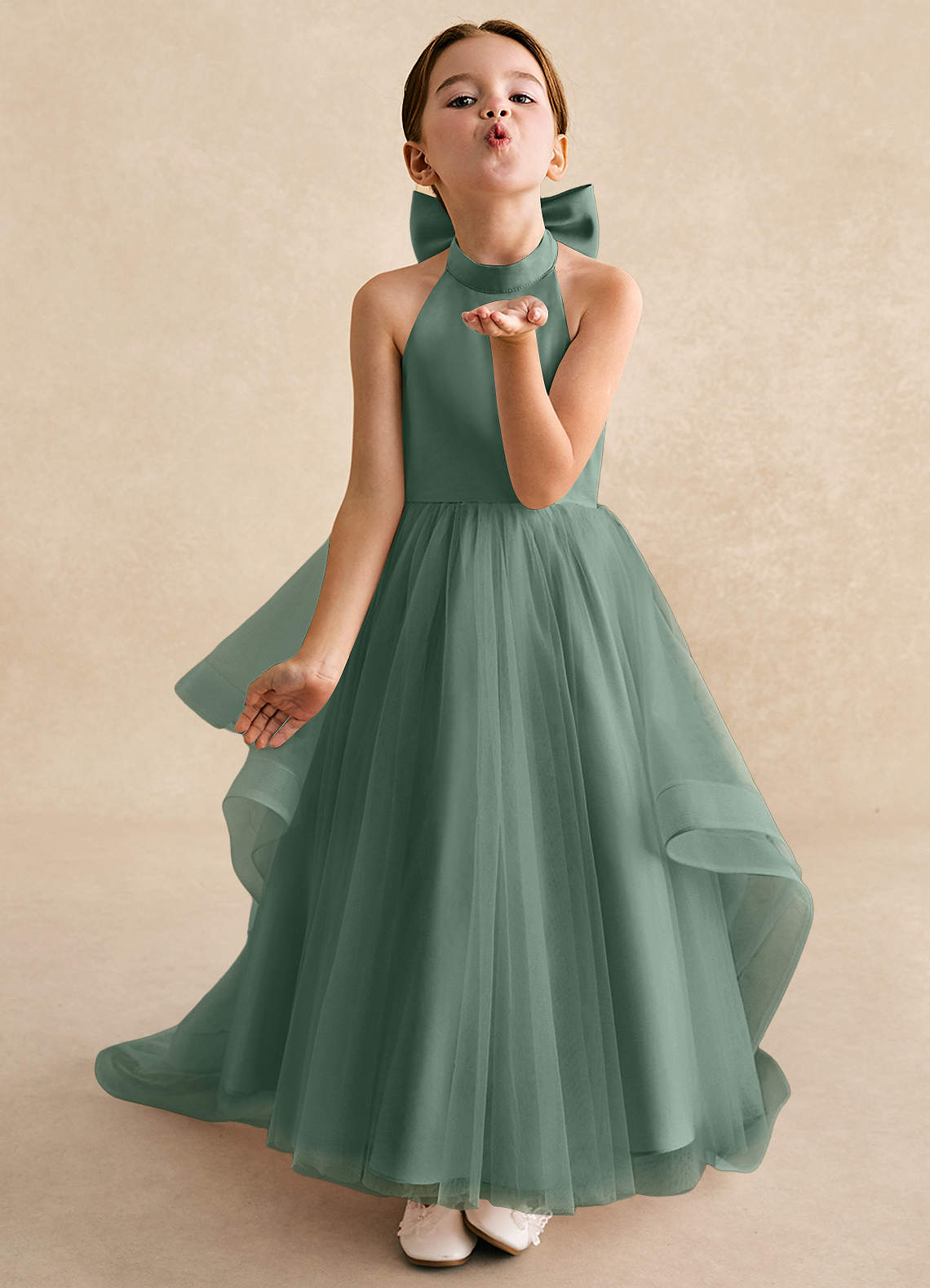 Azazie Bev Flower Girl Dresses Eucalyptus A-Line Convertible Tulle Dress image3