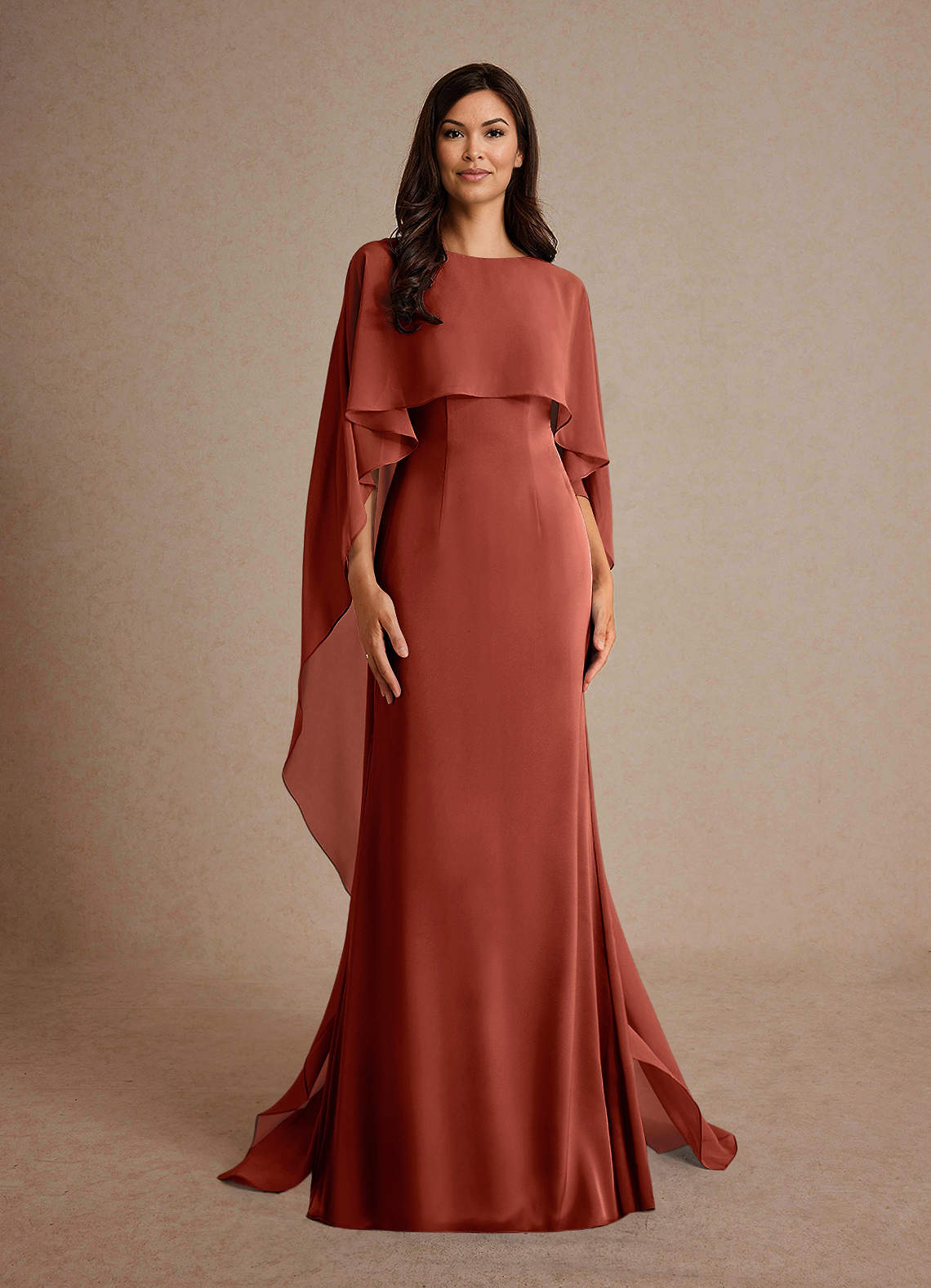Azazie Milfred vestidos de madre de la novia Vestido de Terracota de Satén Elástico de Recto con Cuello de barco image4