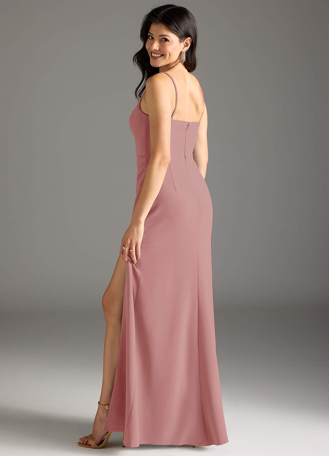 Azazie Rhoda Bridesmaid Dresses Dusty Rose Sheath Pleated Stretch Crepe Dress image1
