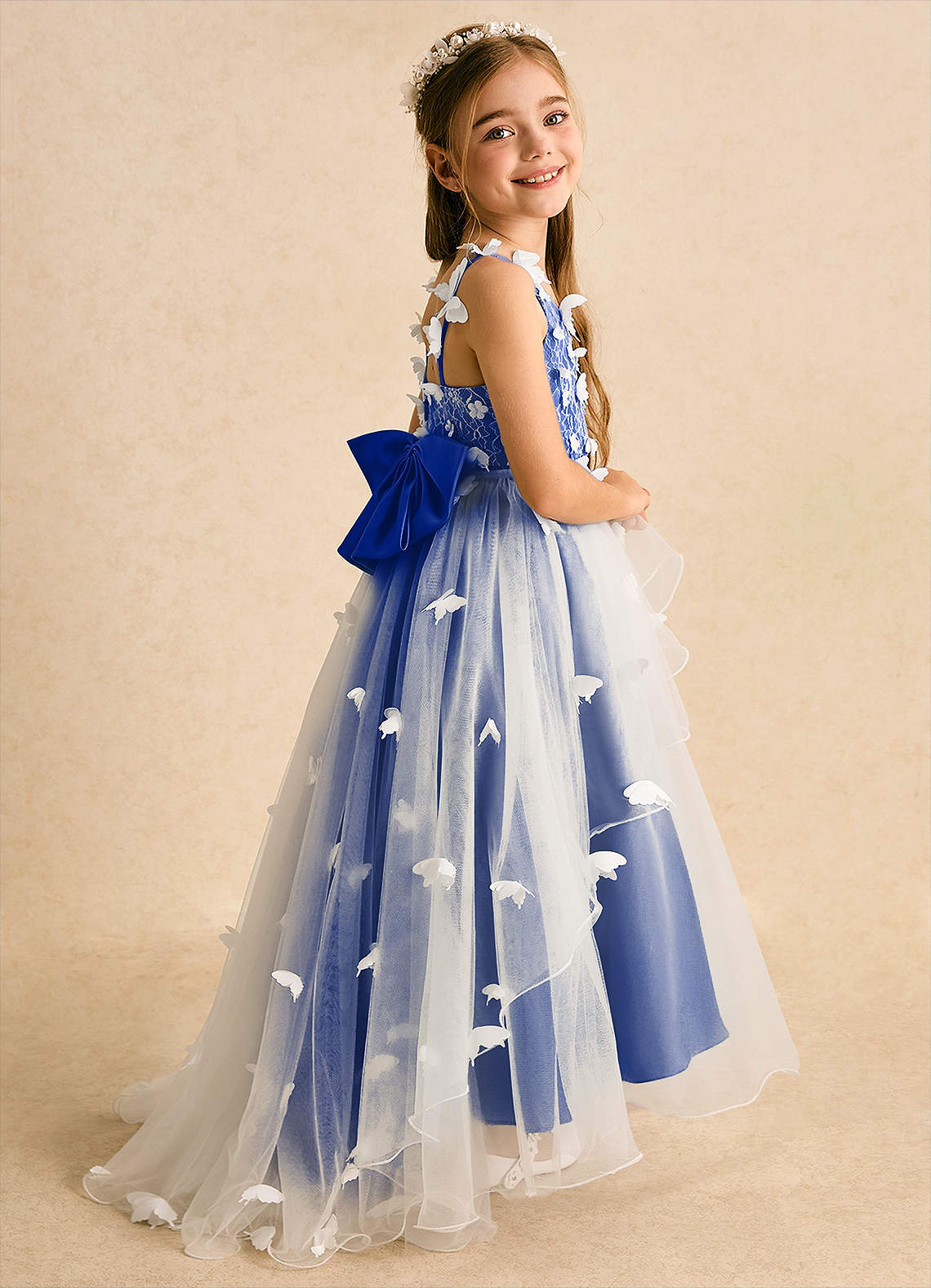 Azazie Darlina Robe Demoiselle D'honneur Fillette Robe Princesse en Tulle Dentelle Ivoire Bleu Roi image1