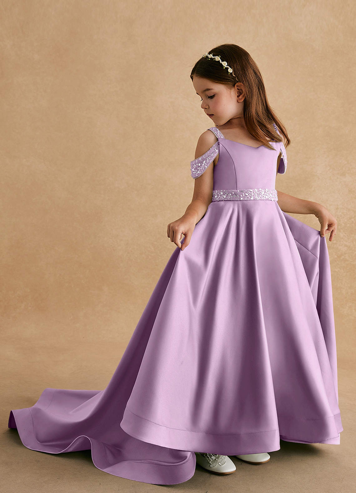 Azazie Jodi vestidos de niña de las flores Vestido de Glicinia de Satin Mate de Corte En A image1