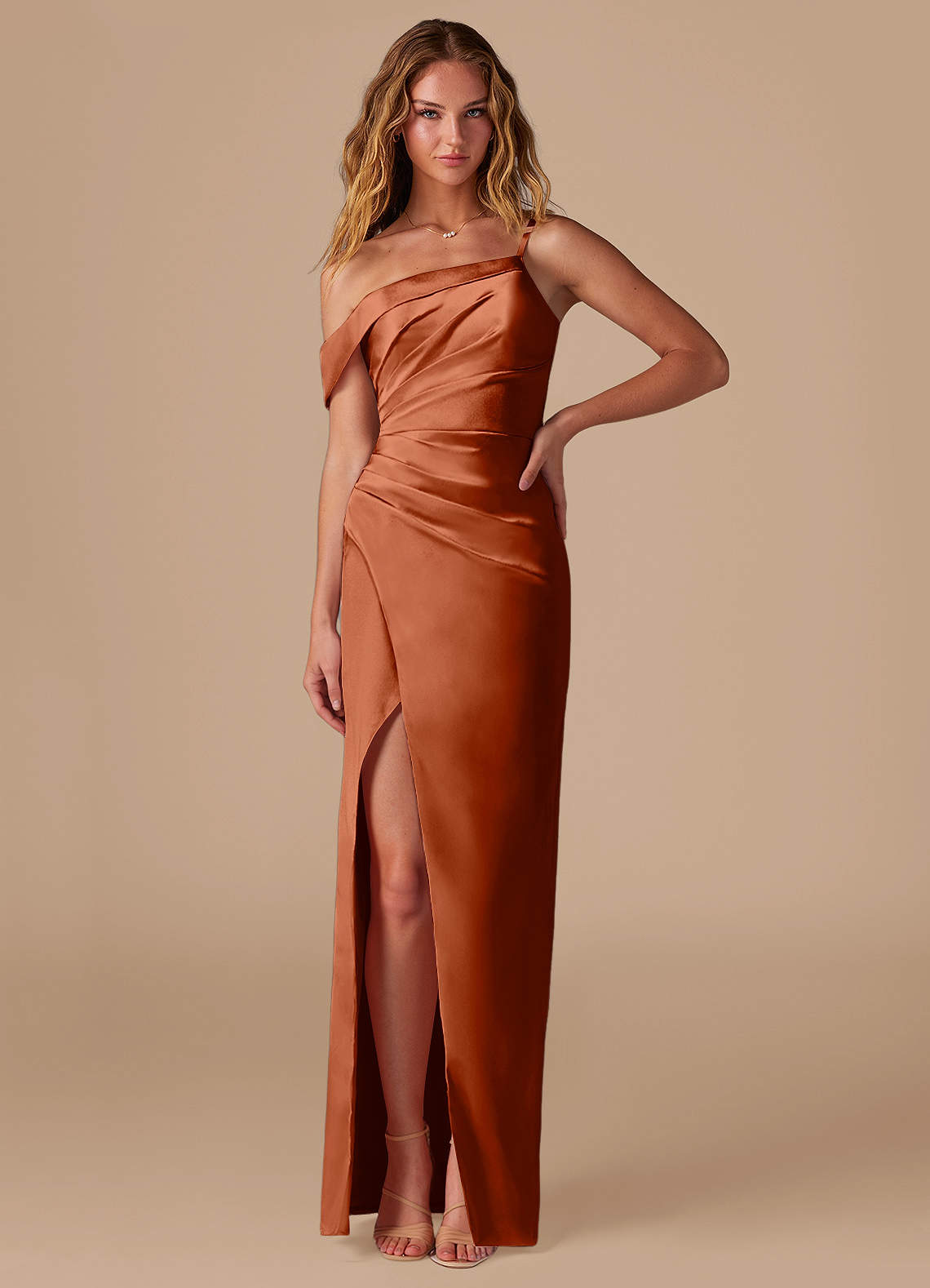 Azazie Lia Bridesmaid Dresses Auburn Sheath Off the Shoulder Metallic Satin Dress image1