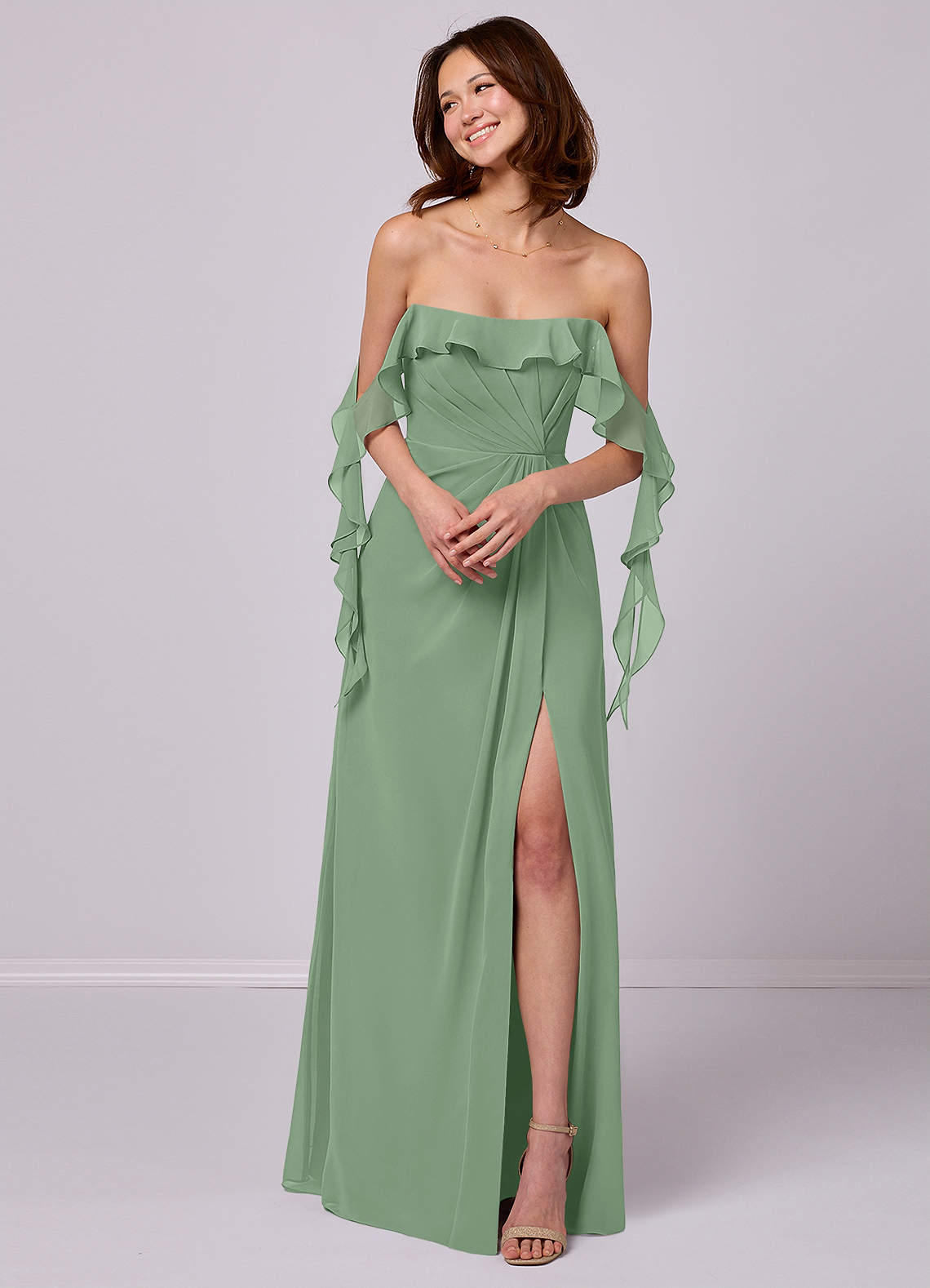 Barbie ♥ Azazie Bridesmaid Dresses Matcha A-Line Off the Shoulder Chiffon Convertible Dress image3