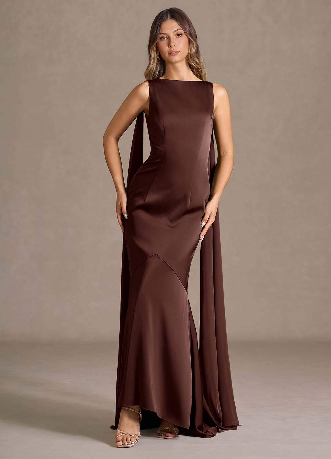 Azazie Floor-Length Maxi Dresses Mermaid Wedding Guest Formal Black Tie Dresses Bateau Mocha Coco