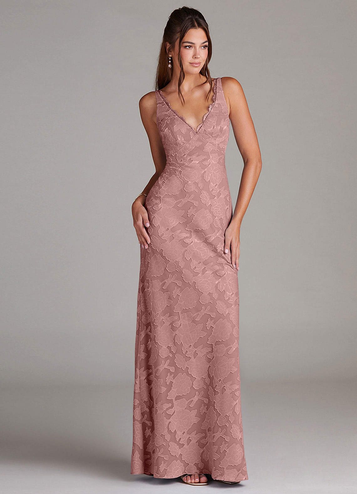 Azazie Tianna Bridesmaid Dresses Dusty Rose Sheath Lace Floral Burnout Dress image2