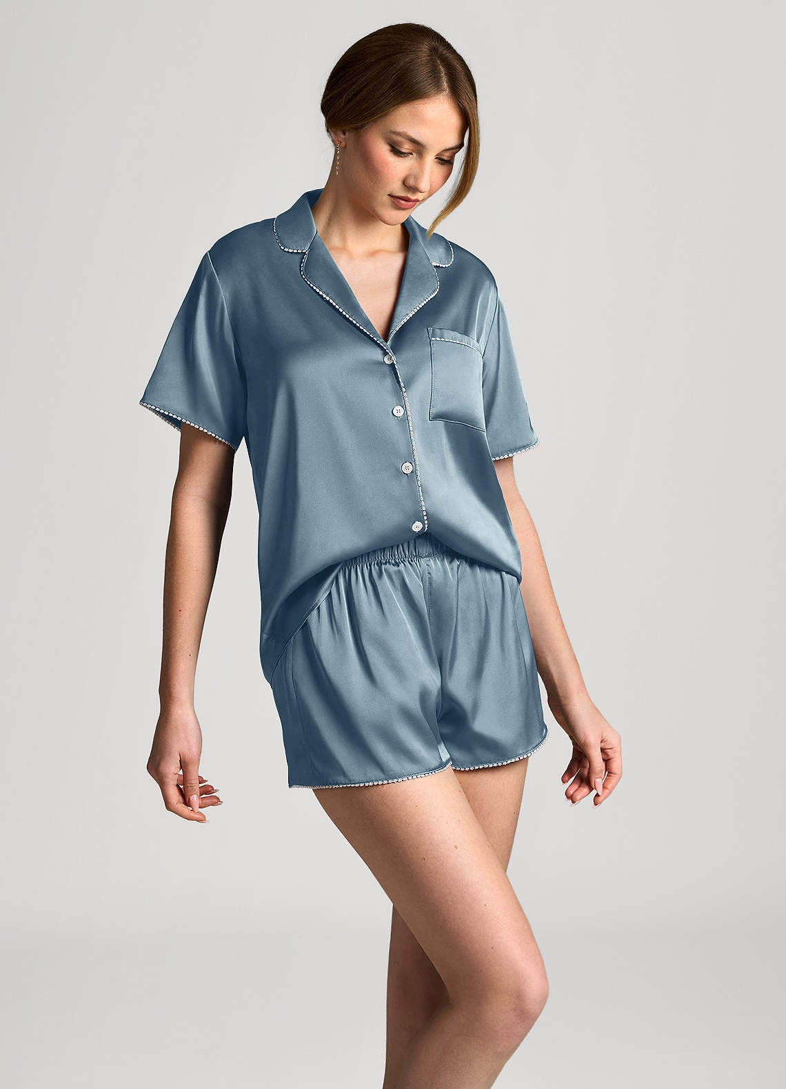 front Satin Lurex Trim Short Sleeve Pajama Set
