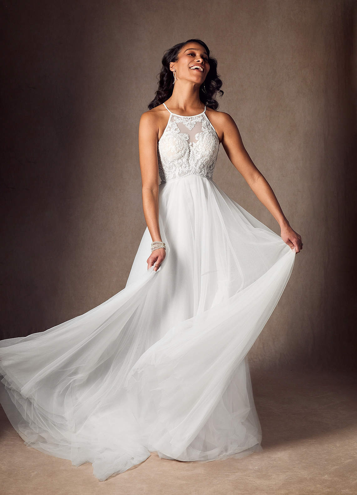 Azazie Odell Diamond White A-Line Halter Sequins Tulle Dress