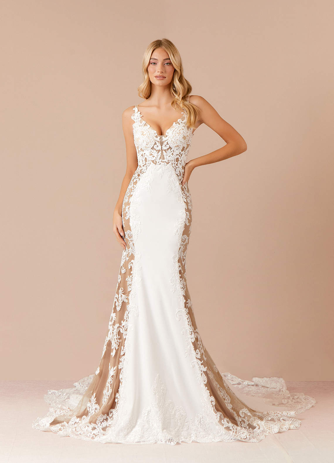 Azazie Estephanie Wedding Dresses Diamond White Caramel Mermaid Sequins Stretch Crepe Dress image1